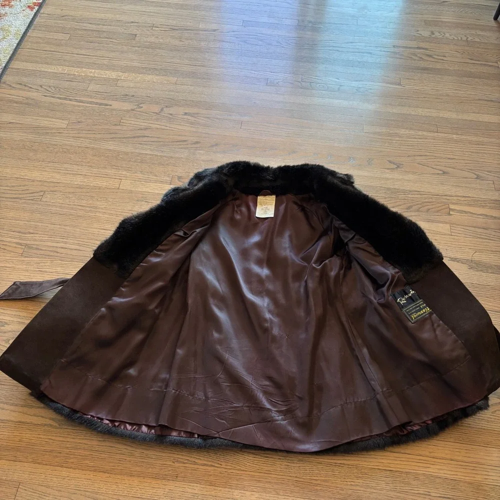 Vintage Rosewin Tissavel Brown Faux Fur Suede Belted Mid Coat Jacket Womens M‎ L